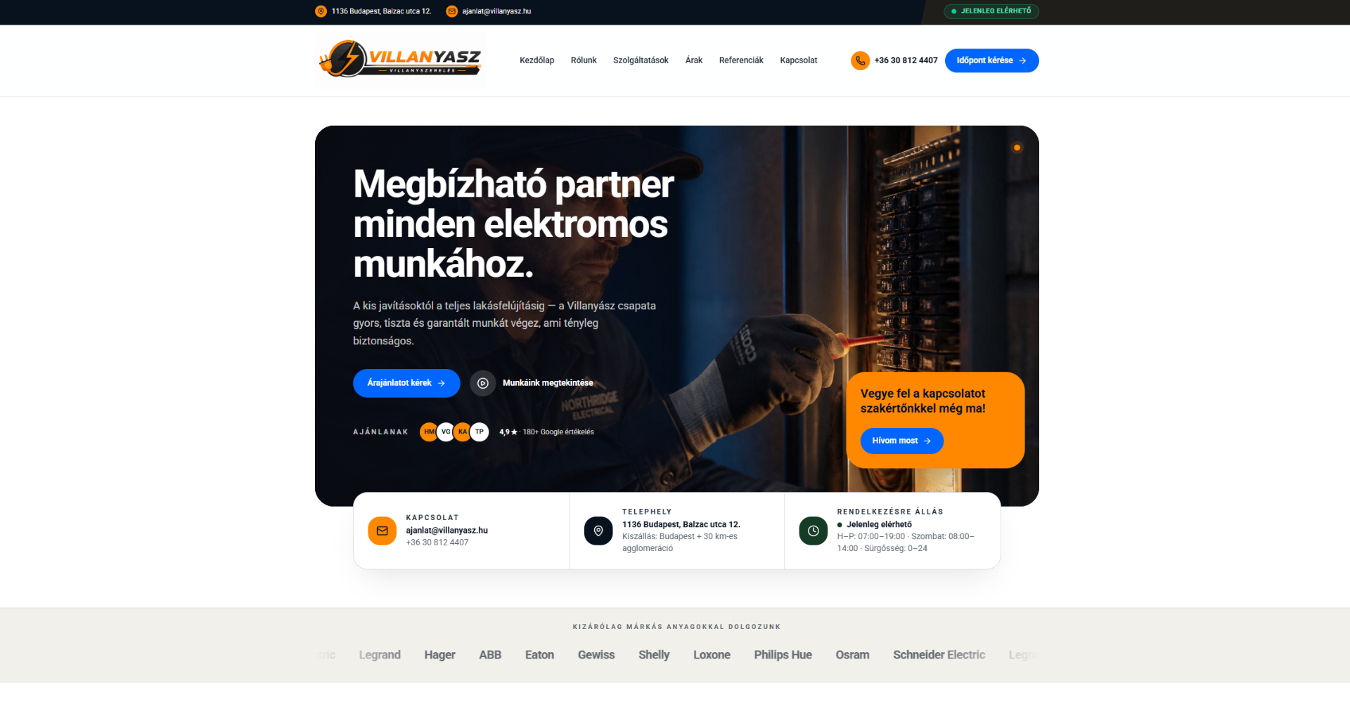 Villanyász villanyszerelő weboldalának főoldala