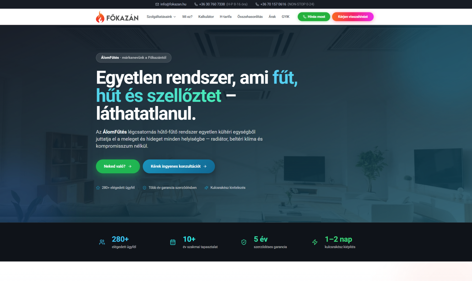 A Főkazán épületgépészeti vállalkozás weboldalának főoldala